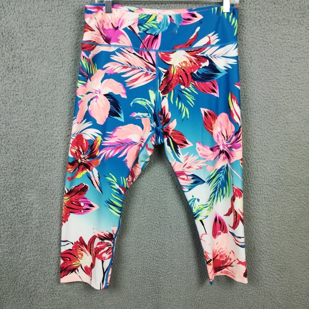 Fila Sport Womens Pants Legging Capri Multicolor Tropical Floral Print Blue XL